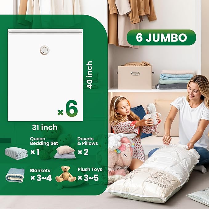 TAILI 6 Pack Vacuum Storage Bags, Jumbo Vacuum Seal Bags for Clothing (40x31 Inch), Space Saving for Bulky Bedding, Comforters and Blankets, Extra Large Closet Storage and Organization-NeatNest