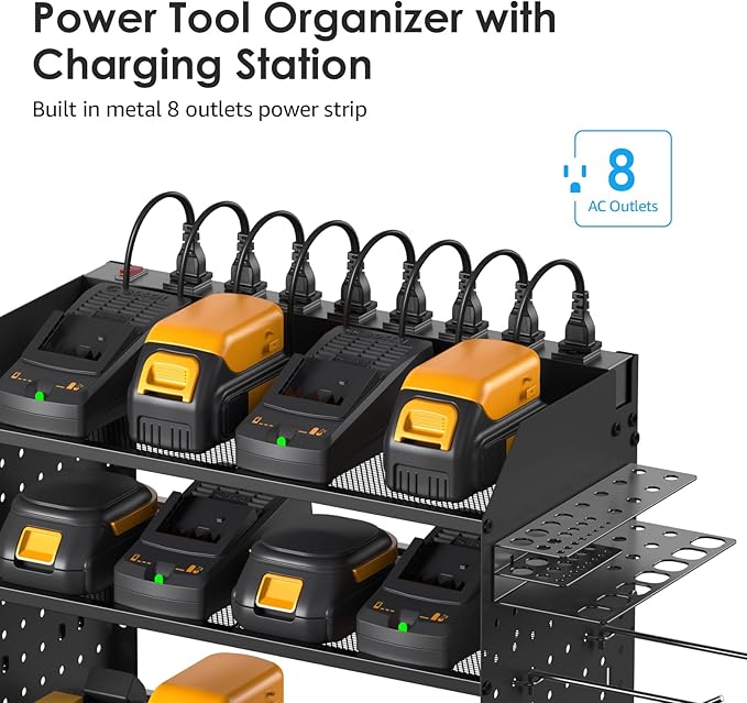 CCCEI Modular Pegboard Rack Power Tool Organizer with Charging Station. 4 Layer Wall Mount Drill Holder, Tools Battery Charger Organizer. Garage Shop Storage Utility Shelf with 6FT Power Strip. Black-NeatNest