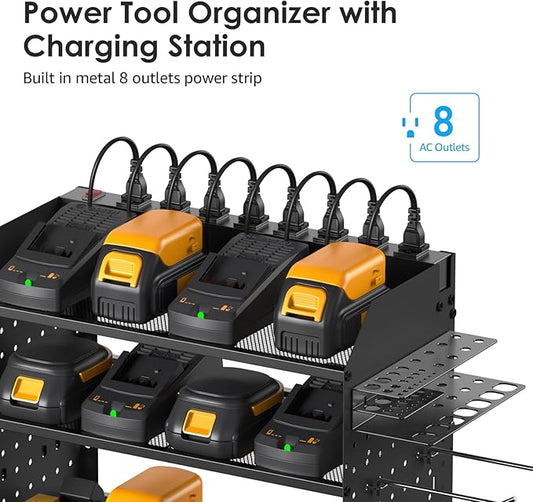 CCCEI Modular Pegboard Rack Power Tool Organizer with Charging Station. 4 Layer Wall Mount Drill Holder, Tools Battery Charger Organizer. Garage Shop Storage Utility Shelf with 6FT Power Strip. Black-NeatNest