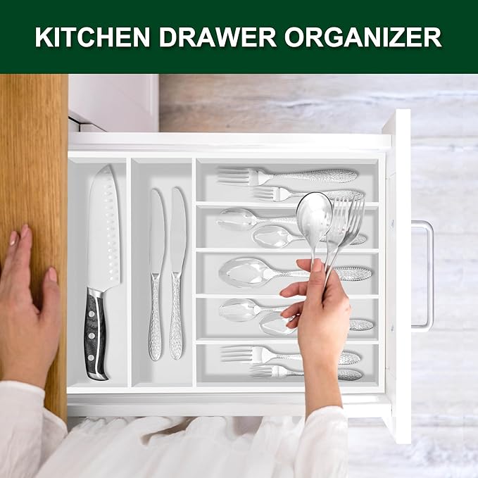 Bellsal White Utensil Organizer 12.5 Inch Silverware Tray for Drawer Utensil Holder Cutlery Organizer Kitchen Drawer Organizer 7 Compartment Small Narrow Bamboo-NeatNest