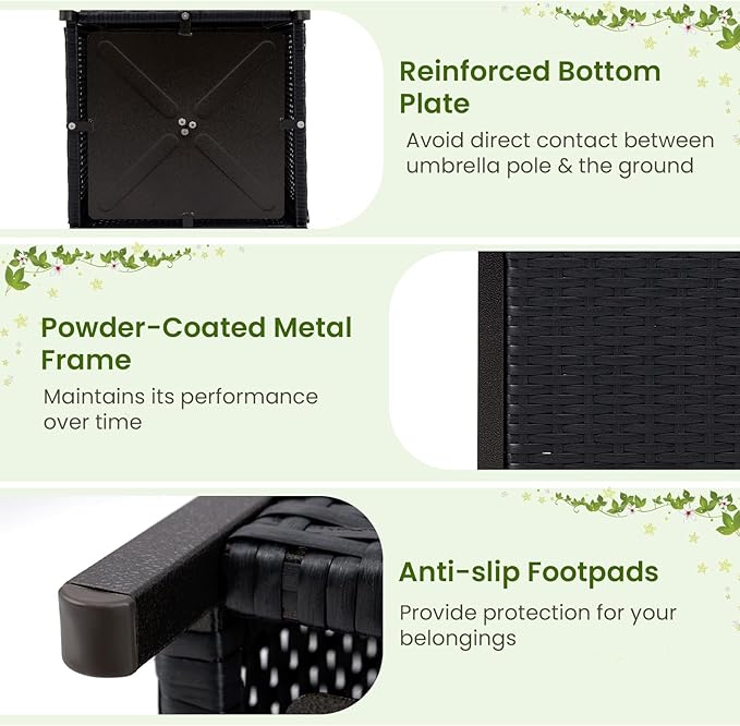 Patio Side Table with Umbrella Hole, 22" Rattan Wicker Umbrella Stand Table, Outdoor End Table for Patio, Garden, Poolside & Yard (Black)