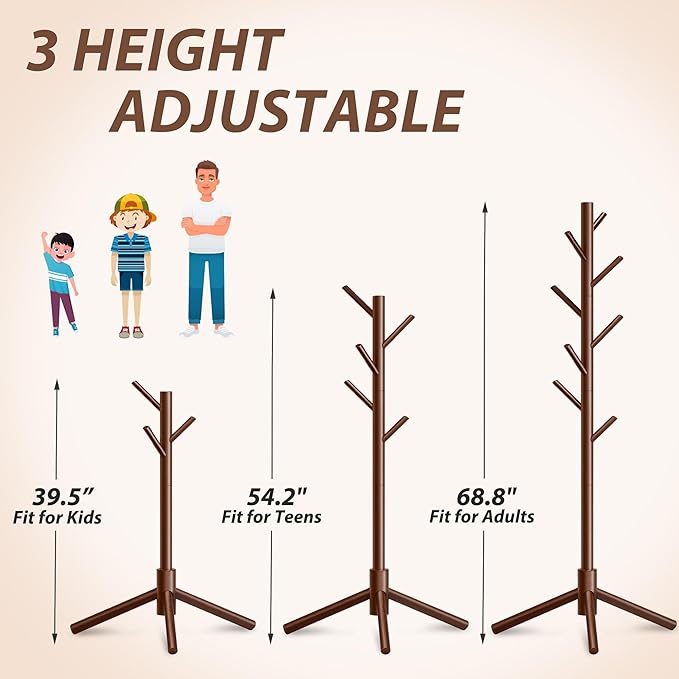 Durable Wooden Coat Rack, Freestanding Coat Rack with Stable Triangular Base, 8 Hooks & 3 Adjustable Heights, Simple Assembly for Bedroom, Hallway, Office(New Brown)-NeatNest