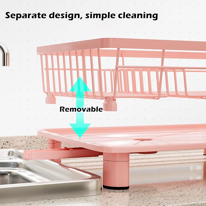 Small Dish Drying Rack, Space Saving Dish Racks for Kitchen Counter, Kitchen Organizer Dish Drainer with Cutlery Holder for Spoons and Forks, 11''W x 15''L, Pink