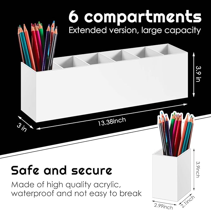 Jetec Acrylic Pen Holder 6 Compartments Makeup Brush Stationery Organizer Pencil Holder for Desk Accessories, Cosmetic Brushes, Dorm, Home, Bathroom, Kitchen, Office Supplies(White)-NeatNest