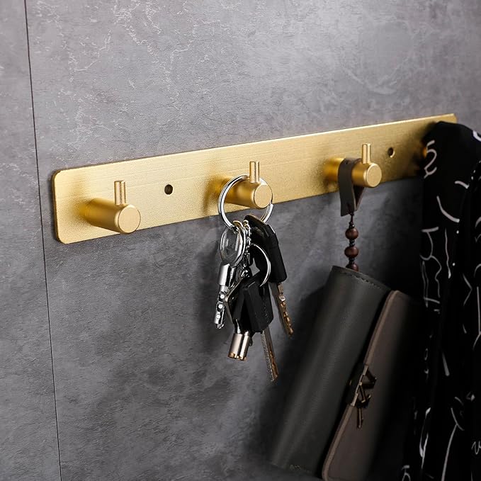 Gold 4 Wall Hooks, Brushed Gold Bathroom Hook Rail, Self Adhesive Key Hook Rack Hanger Towel Robe Stick Hooks for Toilet Entryway Hallway Kitchen Wall Mounted