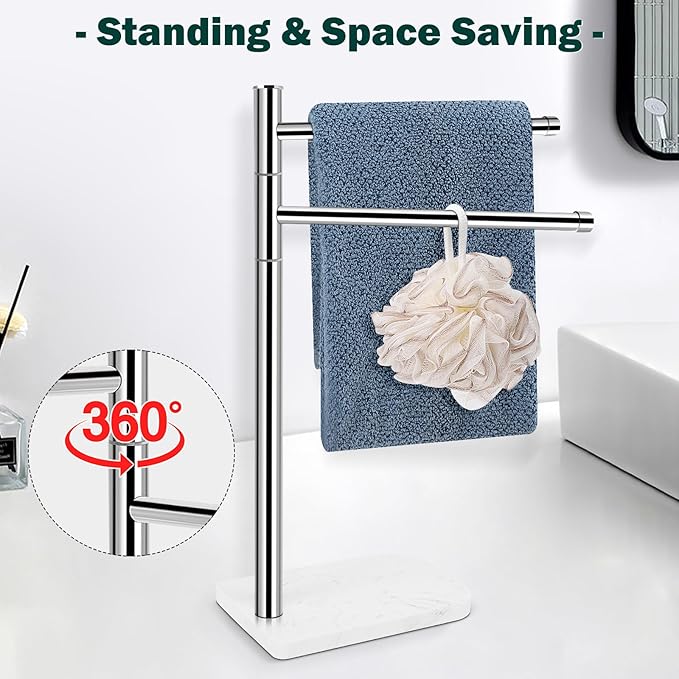 Hand Towel Holder, F-Shape Hand Towel Stand with Marble Base, Stainless Steel Swivel Hand Towel Rack Bar Standing for Bathroom Kitchen Countertop, 2 Arms (Chrome Finish)