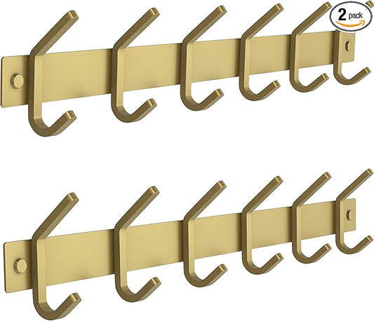 Brushed Gold Wall Mounted Coat Rack – 17 Inch Stainless Steel Rail with 6 Double Coat Hooks for Entryway, Bathroom, Bedroom, Kitchen – Modern Gold Hook Rack for Coats, Hats, Towels - 2 Pack-NeatNest