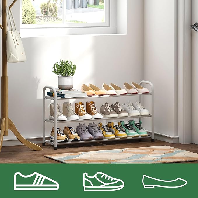 White Shoe Rack for Closet, 3-Tier Expandable Shoe Organizer for Closet, Metal Adjustable Black Shoe Shelf Storage Organizer, Free Standing Shoe Rack for Entryway Doorway-NeatNest