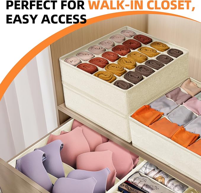 Criusia 6 Pcs Drawer Organizer Clothes - 90 Cells Closet Organizers and Storage for Baby Nursery - Washable Fabric Dresser Organizer Dividers for Sock Underwear Bra Dorm Room Essentials (Beige)-NeatNest