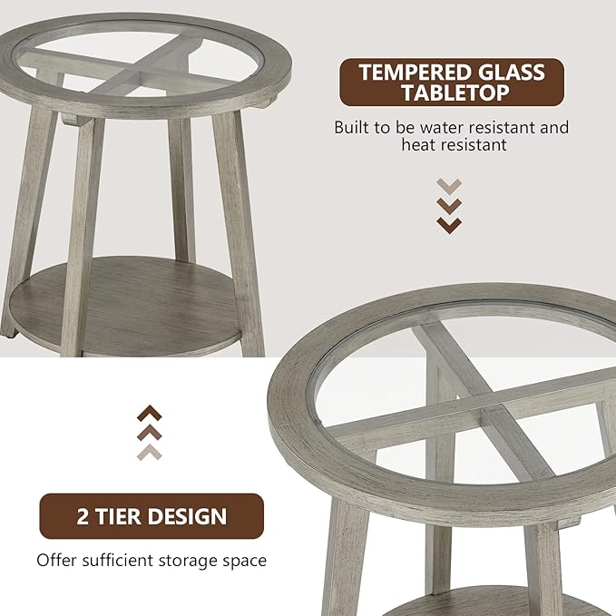 COSIEST 2-Tier End Table with Tempered Glass Top, Round MDF Side Table with Storage Shelf, Modern Wood Accent Table for Bedroom Living Room Home Office, Antique Silver-NeatNest