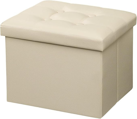 AmasSmile Storage Ottoman Folding Foot Rest Stool, Leather Footstool Bench, Short Ottoman Stool, Storage Foot Rest Store, Books (Beige, 17" D x 13" W x 13" H)-NeatNest