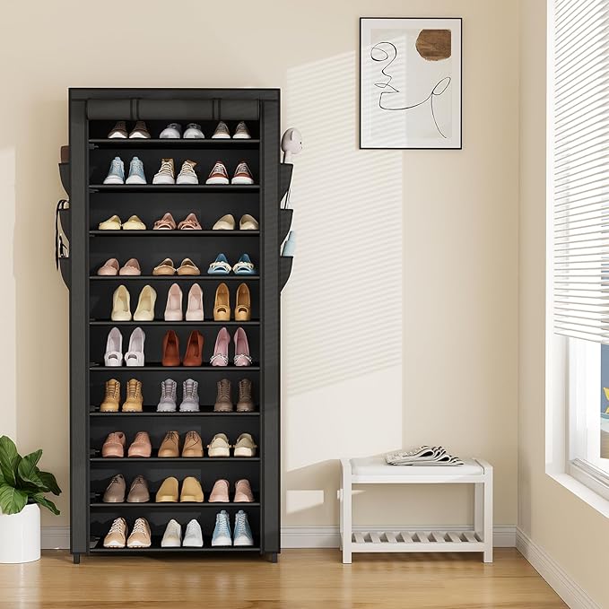 VTRIN Vertical Narrow Shoe Rack Organizer Tall Shoe Rack for Closet Entryway 10 Tier Non-Woven Cover Shoe Shelf Holds 36-41 Pairs Free Standing Shoe Storage Cabinet with Dustproof Cover, Black-NeatNest