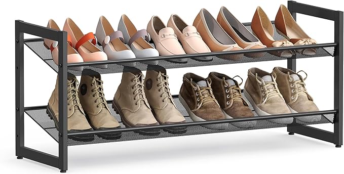 SONGMICS Shoe Rack, 2-Tier Shoe Organizer, Metal Shoe Storage for Garage, Stackable Shoe Shelf, with Adjustable Flat or Angled Shelves, 8-10 Pairs, Ink Black ULMR002B01-NeatNest