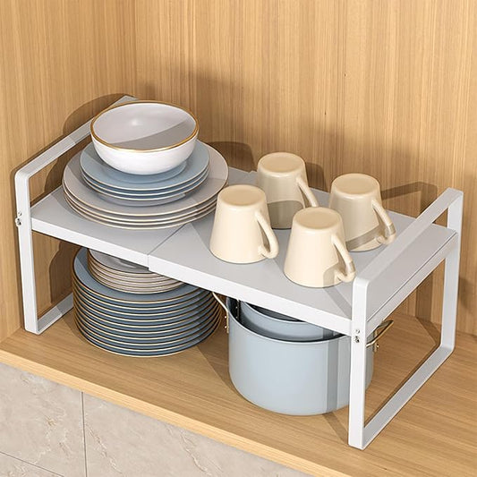 Expandable Cabinet Shelf, Lengths Adjustable Shelf Organizer Riser, Metal Space-Saving Cupboard Organizers for Kitchen Cabinet Pantry Cupboard Under Sink Countertop, White-NeatNest