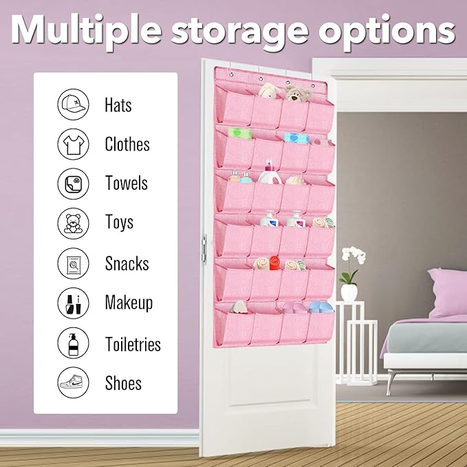 Pink Shoe Organizer Over the Door for Girls Women Kids Room,Hanging Shoe Rack Organizer for Closet Door,Zapateras Storage Holder with 24 Large Pockets & 4 Sturdy Hooks for Shoes,Slippers-NeatNest