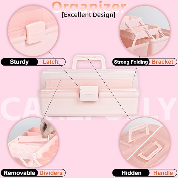 12.5in 3-Layer Multipurpose Craft Organizers and Storage with Adjustable Dividers, Portable Tackle Box, Folding Art & Craft Case for Medicine, Tool, Sewing Organizer (Pink)