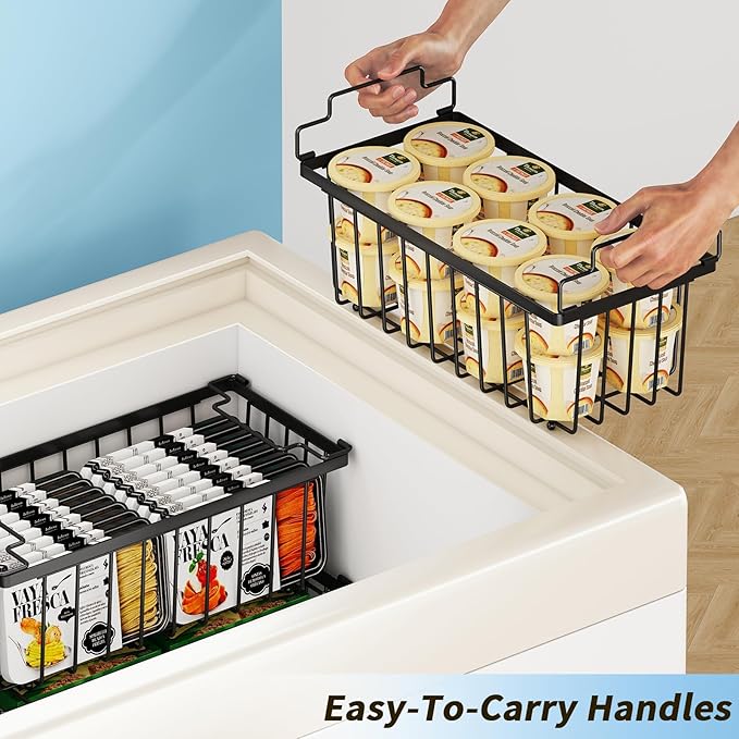4 Pack Freezer Organizer Bins(14.6‘’L X 7.1‘’W X 5.2‘’H) for 7 Cu.FT Deep Ches Freezer Sort Frozen Meats | Stackablet Deep Freezer Organizer Bins Get Food Easily w/Handle(Black), Gifts Ideas for Mom