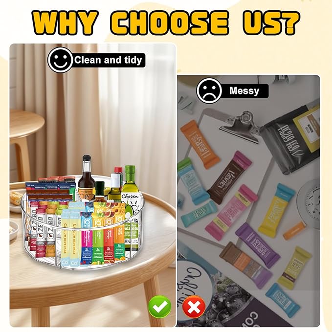 Clear Acrylic Drink Packet Organizer 11.7" x 11.7" x 4.5", 360° Rotating Carousel Lazy Susan Storage Bins Turntable 5-Compartment Dividers for Kitchen Fridge Pantry Powdered Drinks Water Snacks-NeatNest