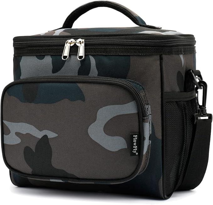 FlowFly Insulated Reusable Lunch Bag Adult Large Lunch Box for Women and Men with Adjustable Shoulder Strap,Front Zipper Pocket and Dual Large Mesh Side Pockets,BlackCamo-NeatNest