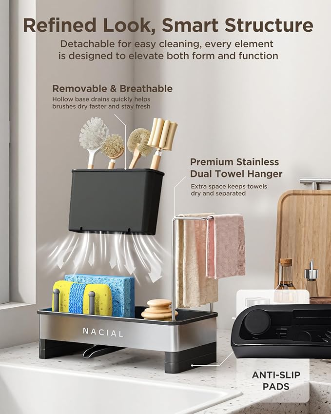 Nacial Kitchen Sink Caddy Organzier with High Brush Holder, Sponge Holder for Kitchen Sink with Two Towel Racks & Soap Dispenser- Rustproof 304 Stainless Steel Kitchen Countertop Storage Essentials-NeatNest