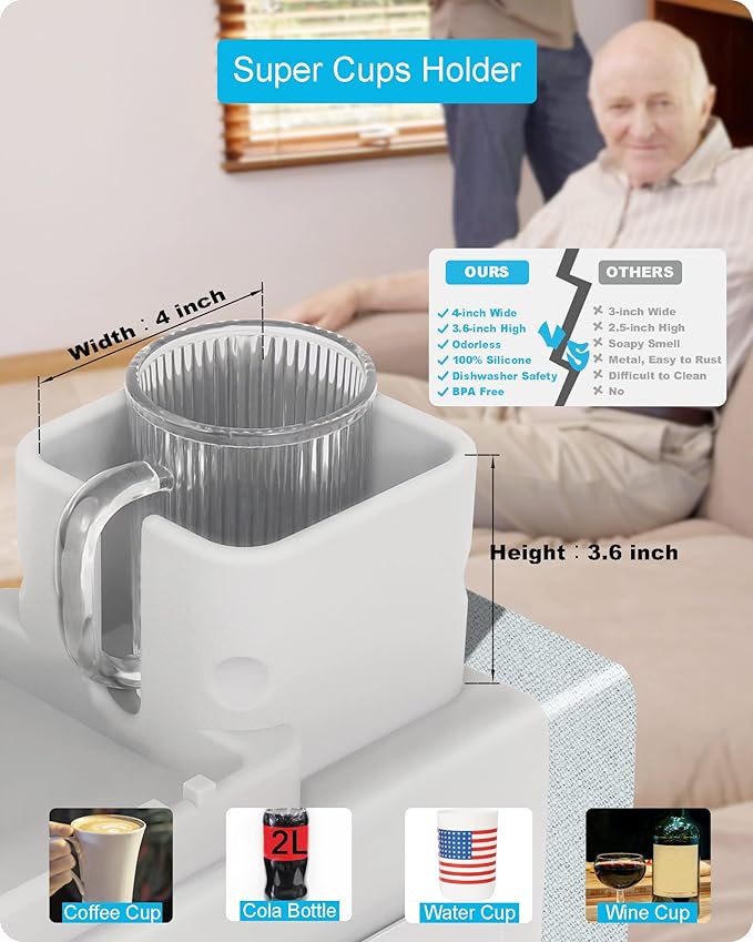 Couch Cup Holder Tray, VIENFUT Silicone Anti-Slip Sofa Armrest Tray with Side Pockets, BPA-Free Anti-Spill Couch Drink Holder for YETI, Remote, Snacks, Cellphone and iPad, Ideal Gift (Griege)-NeatNest