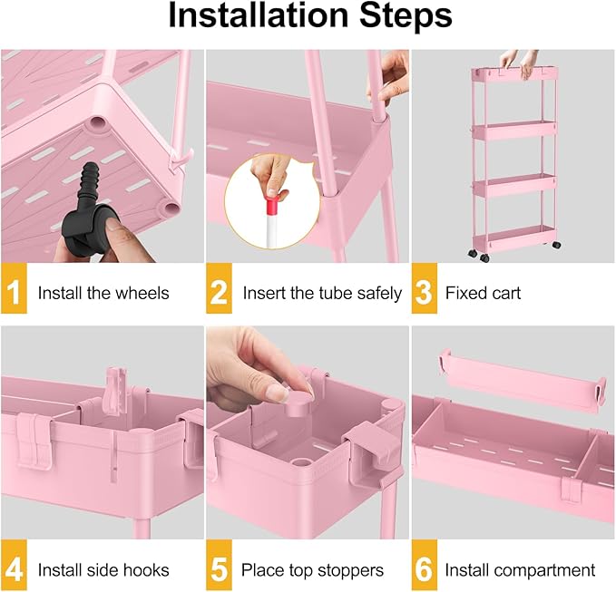 SPACELEAD Slim Storage Cart 4 Tier,Bathroom Organizer Rolling Utility,Mobile Shelving Unit Slide Out for Office, Kitchen, Laundry Room & Narrow Places,Pink-NeatNest