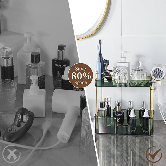 YCIA&DONE Luxury Bathroom Counter Organizer, Large Makeup Organizer Countertop, Shelf Organizer, Vanity Tray, Easily Assemble for Bathroom Organizers and Storage, Undersink, Cabinet, 2 Tiers Green-NeatNest