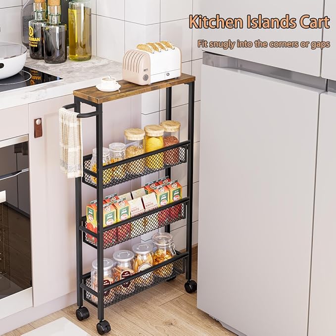Slim Rolling Cart 4 Tier Narrow Storage Cart on Wheels with MDF Board Top and Metal Handle for Small Space Kitchen Living Room Home Office Pantry Bathroom Laundry Room(16.54×5.12×30.31 inch)