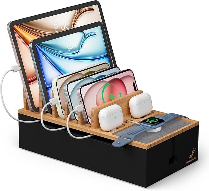 Pezin & Hulin Cord Organizer Box, Surge Protector Organizer, Device Charger Station for Phones & Tablets, Wood Charging Dock -with 6 Wire Cables, BUT NO Power Supply - Natural + Black