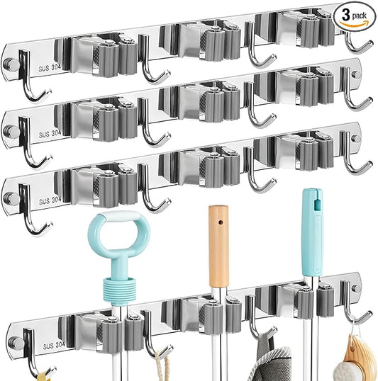 3 Pack Silver Mop and Broom Holder Wall Mount Self Adhesive 3 Racks with 4 Hooks Broom Organizer Wall Mount Stainless Steel Broom Hanger for Home Kitchen Garden Laundry Garage Organization Storage