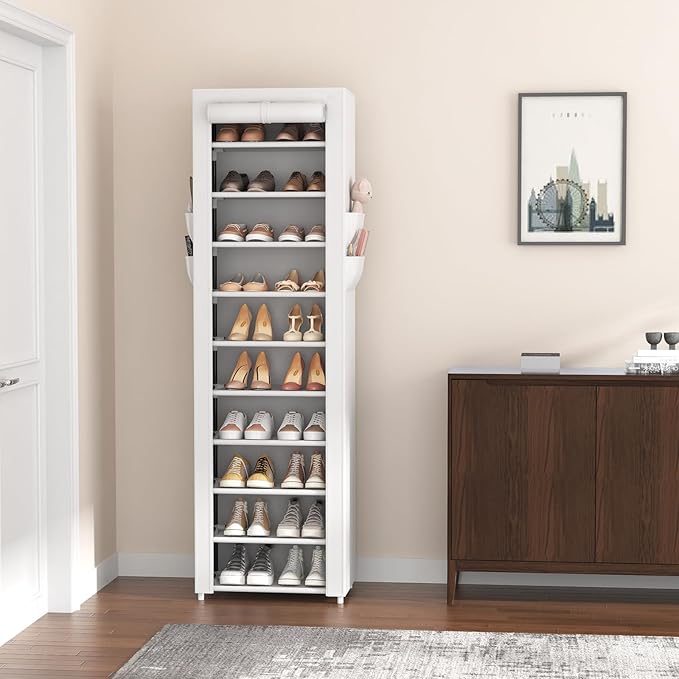 VTRIN Vertical Narrow Shoe Rack Organizer Tall Shoe Rack for Closet Entryway 10 Tier Non-Woven Cover Shoe Shelf Holds 20-22 Pairs Free Standing Shoe Storage Cabinet with Dustproof Cover, White-NeatNest