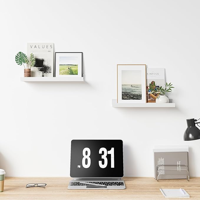 Floating Shelves for Wall, 16 inch Solid Wood Picture Ledge Shelf, Picture Shelf for Wall with Ledge, Floating Book Shelves for Living Room Bedroom Kitchen Nursery Decor, White, Set of 2-NeatNest