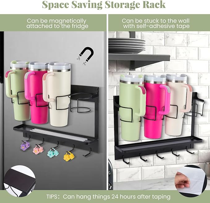 CINPIUK Water Bottle Organizer Holder, Magnetic Cup Rack Storage for Stanley & Large Tumbler, Space Saving Wall Mount Bottle Organizer with 5 Hook, Easy to Install, Black-NeatNest