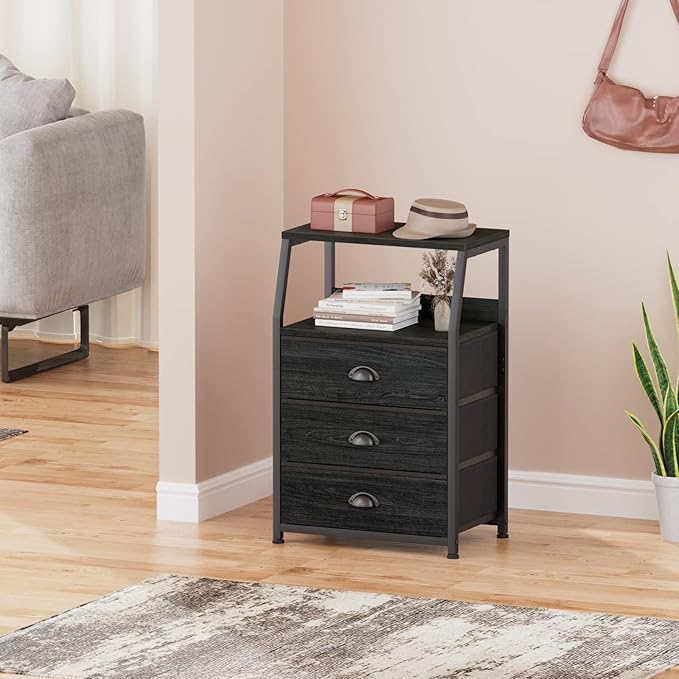 Furnulem Black Night Stand, Small Dresser for Bedroom, Nightstand with 3 Fabric Storage Drawers and 2-Tier Shelf, End Table Side Furniture for Closet, Hallway, Nursery, Sturdy Steel Frame, Wood Top-NeatNest
