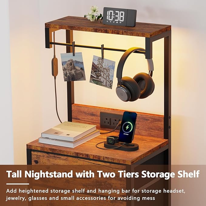 Furnulem Night Stand with Charger Station, 38'' Tall Nightstand with 4 Fabric Drawers and LED Lights, Bedside Table with Storage Shelf for Bedroom, Office, Metal Frame, Wood Shelves, Rustic Brown
