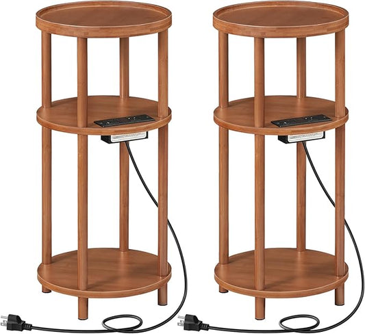 HOOBRO Set of 2 Small Round Side Tables with Charging Station, 3-Tier Round Bamboo End Tables, Easy Assembly, for Living Room, Bedroom, Apartment, Walnut WL152UBZP201