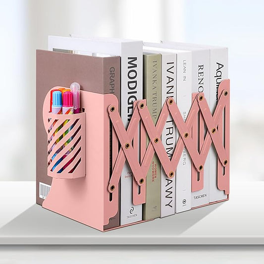 Honagu Adjustable Bookends, Metal Book Ends for Shelves Heavy Book, Desk Magazine File Organizer for Home, Office, Books, Papers, Extends up to 19 inches with Pen Holder (Pink)