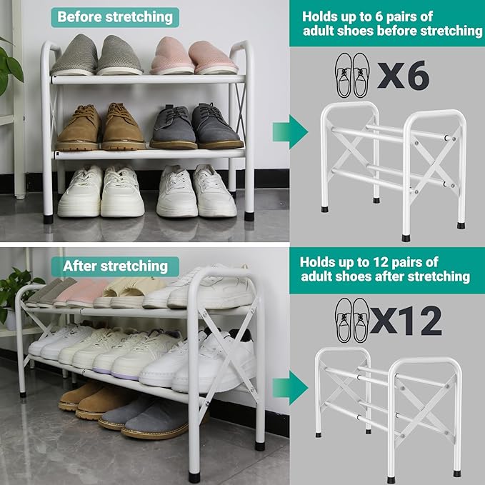 2-Tier Free Standing Shoe Racks, White Shoe Storage Rack, Metal Shoe Storage Shelf for 12 Pairs of Shoes-NeatNest