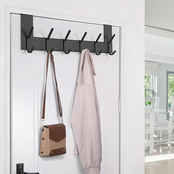 SKOLOO Over The Door Hook - Black, No Assembly Required, Stainless Steel, Door Coat Rack for Entryway, Over Door Towel Hooks for Bathroom, Coat Hooks for Hanging Coats, Backpack, Jacket, Robes