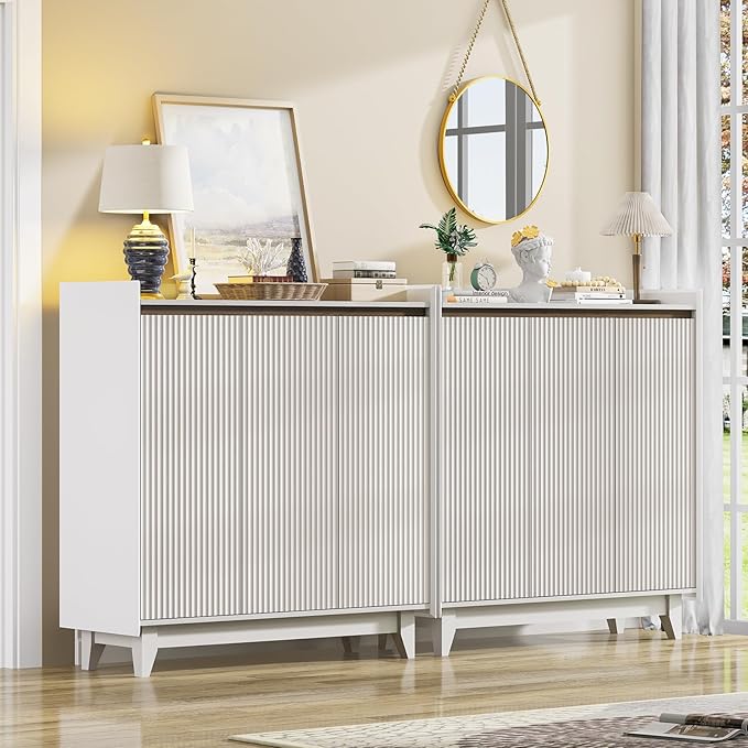 Shoe Storage Cabinet with 3 Doors, 43.7" Tall Fluted Shoe Cabinet for Entryway, 6-Tier Freestanding Shoe Rack Organizer for Foyer, Hallway, White-NeatNest
