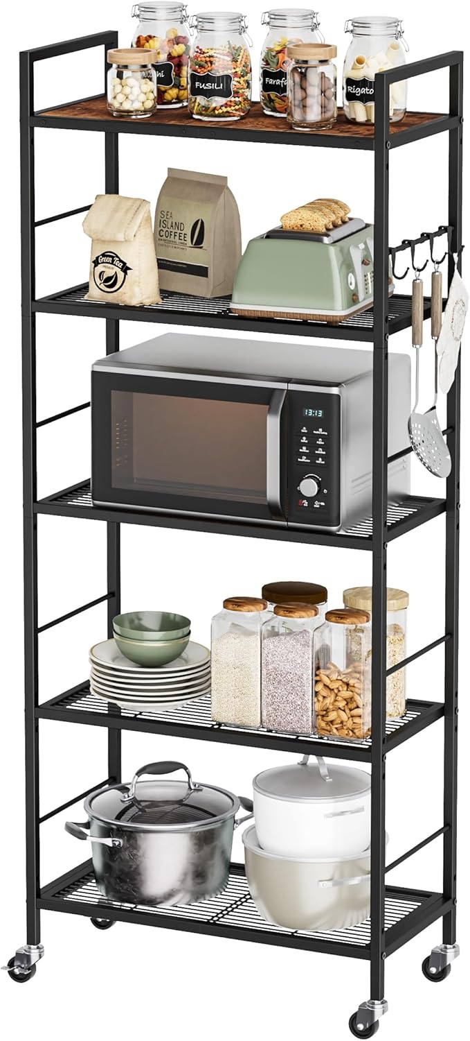 5-Tier Metal Storage Rack with Industrial Wheels,Mesh Shelving Unit with Wooden Table top,Adjustable Shelf,23.6-Inch Width,for Kitchen, Laundry,Pantry,Plant,Black