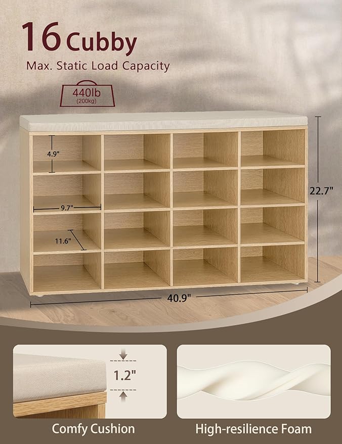 DINZI LVJ Shoe Storage Bench with Cushion, 16-Cubby Shoe Rack, Adjustable Shelves, 40.9" Long Shoe Organizer Bench for Entryway, Mudroom, Hallway, Garage, Natural and Cappuccino Beige-NeatNest