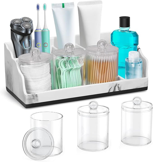 Bathroom Counter Organizer with 3PCS Qtip Holder, Marble Toothbrush Holders for Bathrooms, Bathroom Organizers and Storage with Drain Holes, Electric Toothbrush Holder, Vanity Organizer
