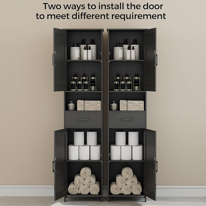 Homhedy 67" H Tall Bathroom Storage Cabinet with 2 Barn Doors and 1 Drawer, Storage Cabinet, Adjustable Shelves, Floor Cabinet for Bathroom, Living Room, Entryway, Kitchen, Black, (15.7" W)