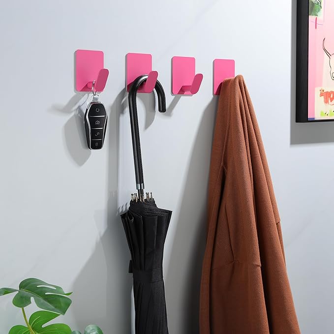DELITON 4 Pack Hooks for Wall - Cute Kids Wall Hook Adhesive Coat Robe Towel Hooks for Bathrooms Kitchen Heavy Duty Stainless Steel, Pink-NeatNest
