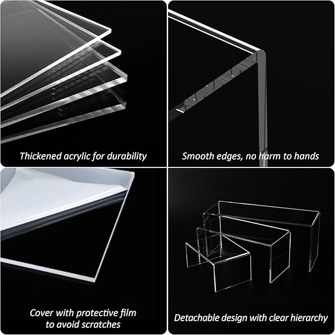 8.5x9x9.5 Inch Acrylic Risers Display Stands 3pcs, Rectangular Display Risers 3 Steps, Clear Acrylic Stand for Brand Store, Retails-NeatNest