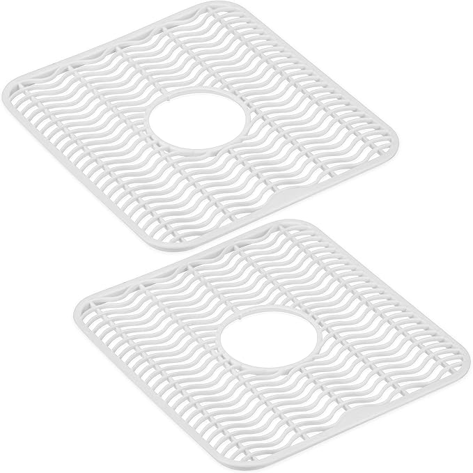 DecorRack 2 Sink Protectors for Kitchen Sink, Plastic 12" x 11" Dish Rack, Protect Sink from Stains, Damage, Scratches, Dishwasher Safe Grid Mat for Kitchen (2 Pack, White)