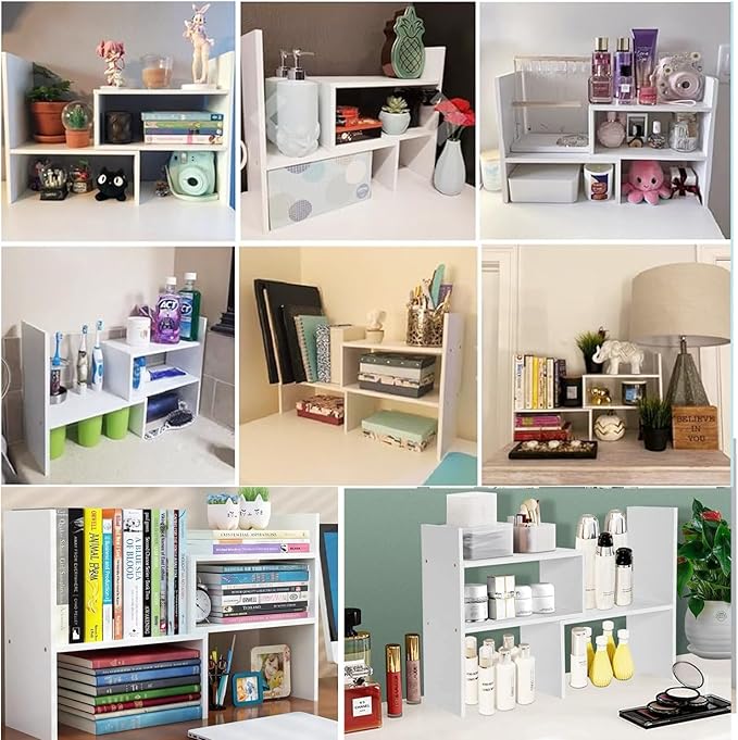 Hongtaitong Natural Wood Bookcase,Bookshelf on Desk, Expandable Bookselves on Room,Organizer Expandable Desktop,Adjustable Desktop Shelves and Office Shelves，Counter Organizer Kitchen,White-NeatNest
