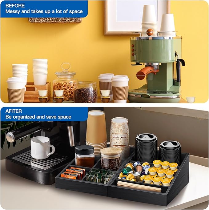 Coffee Station Organizer Coffee Condiment Service Tray with 9 Compartment for Counter, Wood Coffee Bar Supplies Organizer for Home Office Breakroom Two-in-One Black-NeatNest