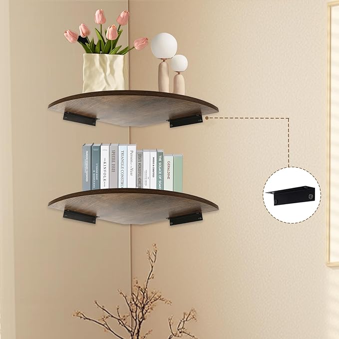 JJL Corner Shelves, 12 Inch Deep Corner Shelf Wall Mounted with Wire Hole, 2 Tier Sector with Hole - Corner Hanging Shelving for Wall Storage, for Speaker, Cable Box, Rust Brown-NeatNest